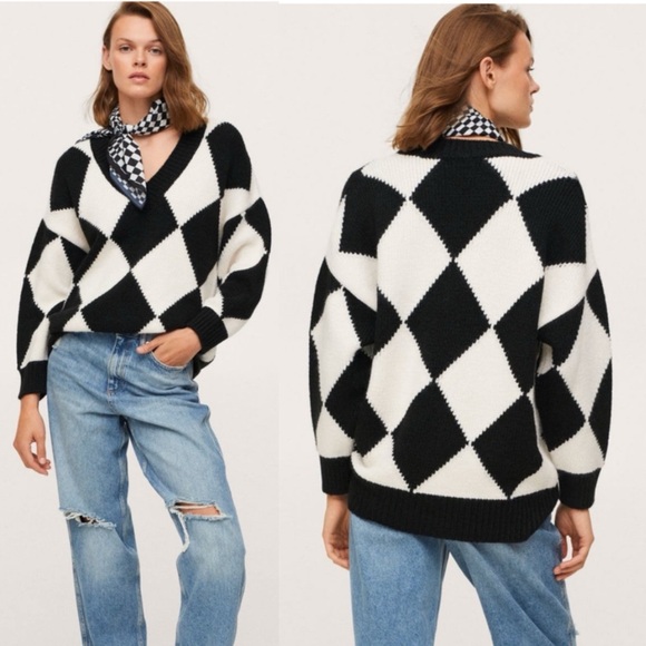 Mango Rhombus Pattern Checkered Knit Oversized V-Neck Sweater Black White S - Picture 1 of 16